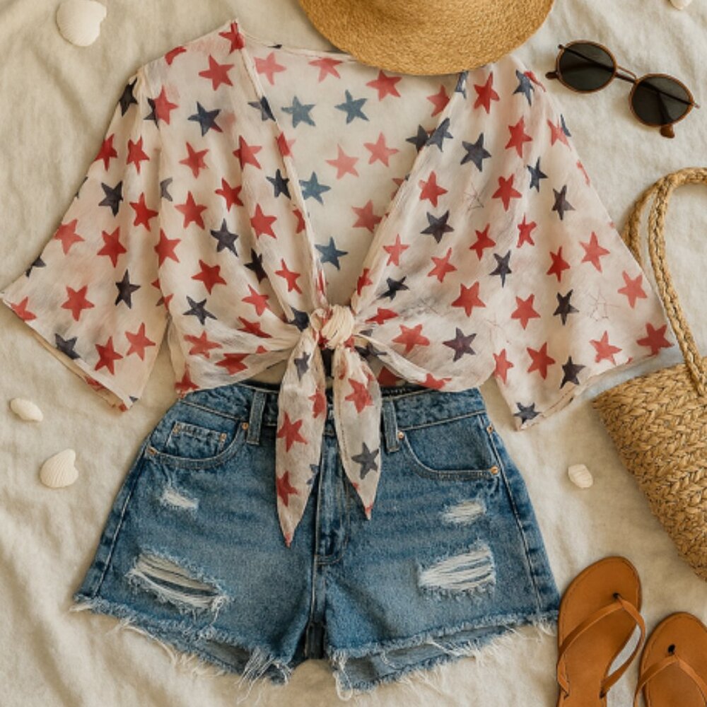 Easel Medium Sheer Cardigan July 4th, Red White Blue Stars, Patriotic